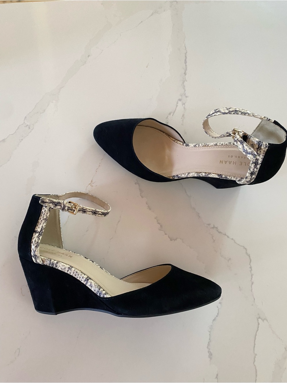 Cole Haan Lara Snakeprint Suede Wedge Pumps